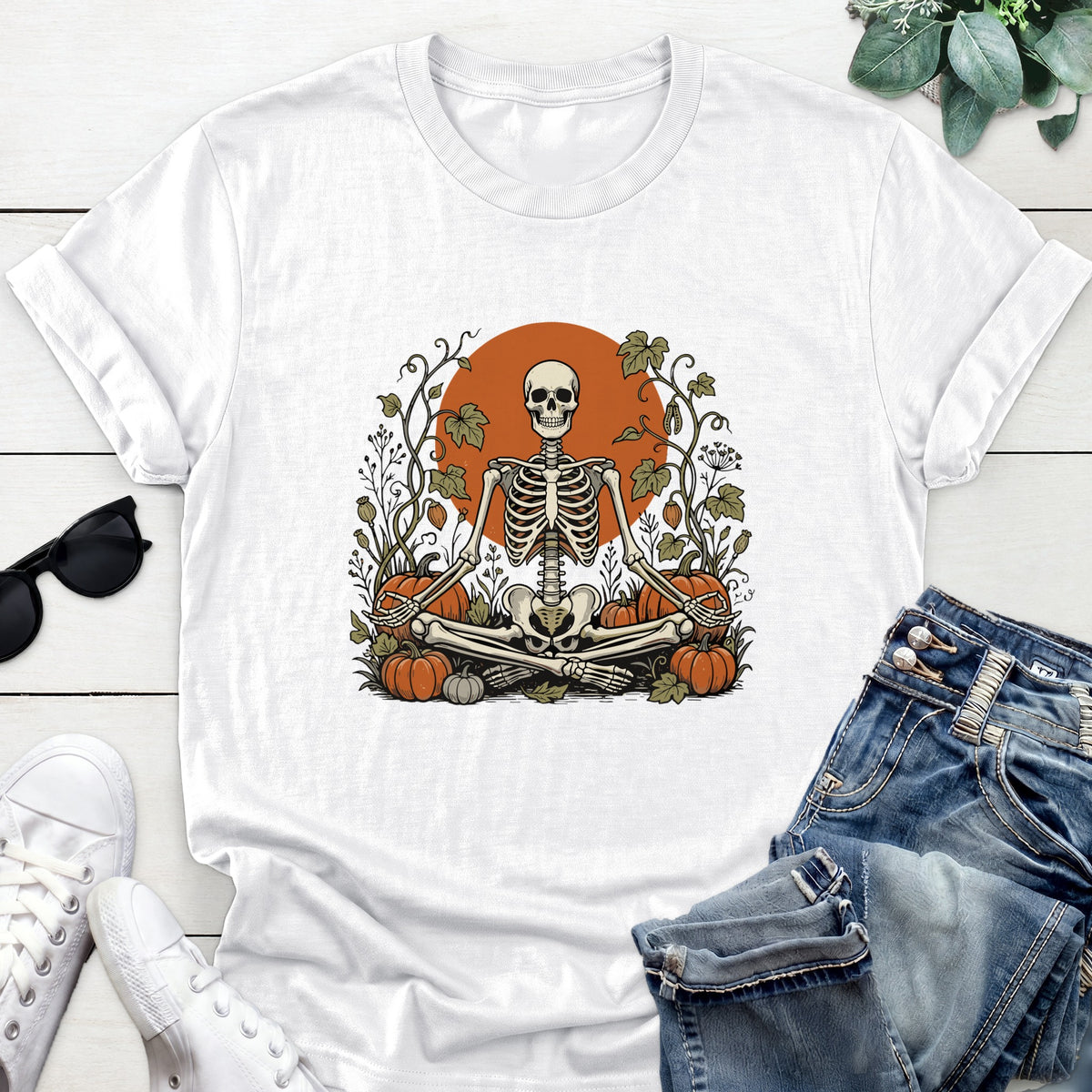 Meditating Skeleton Pumpkin Patch Tee — White