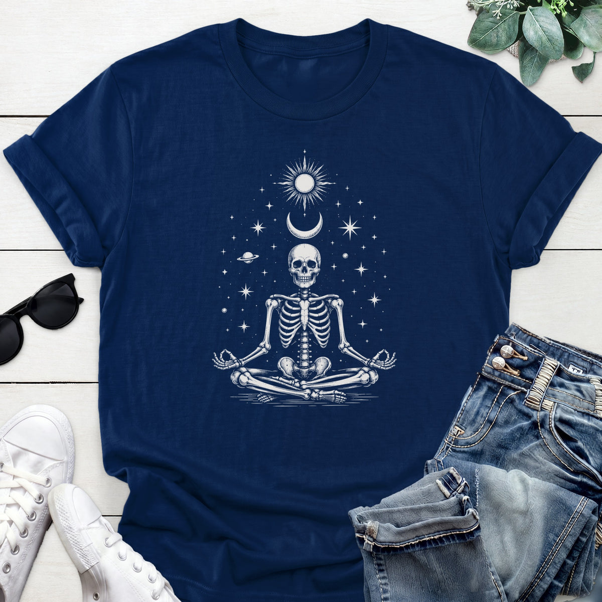 Meditating Skeleton Tee — Navy