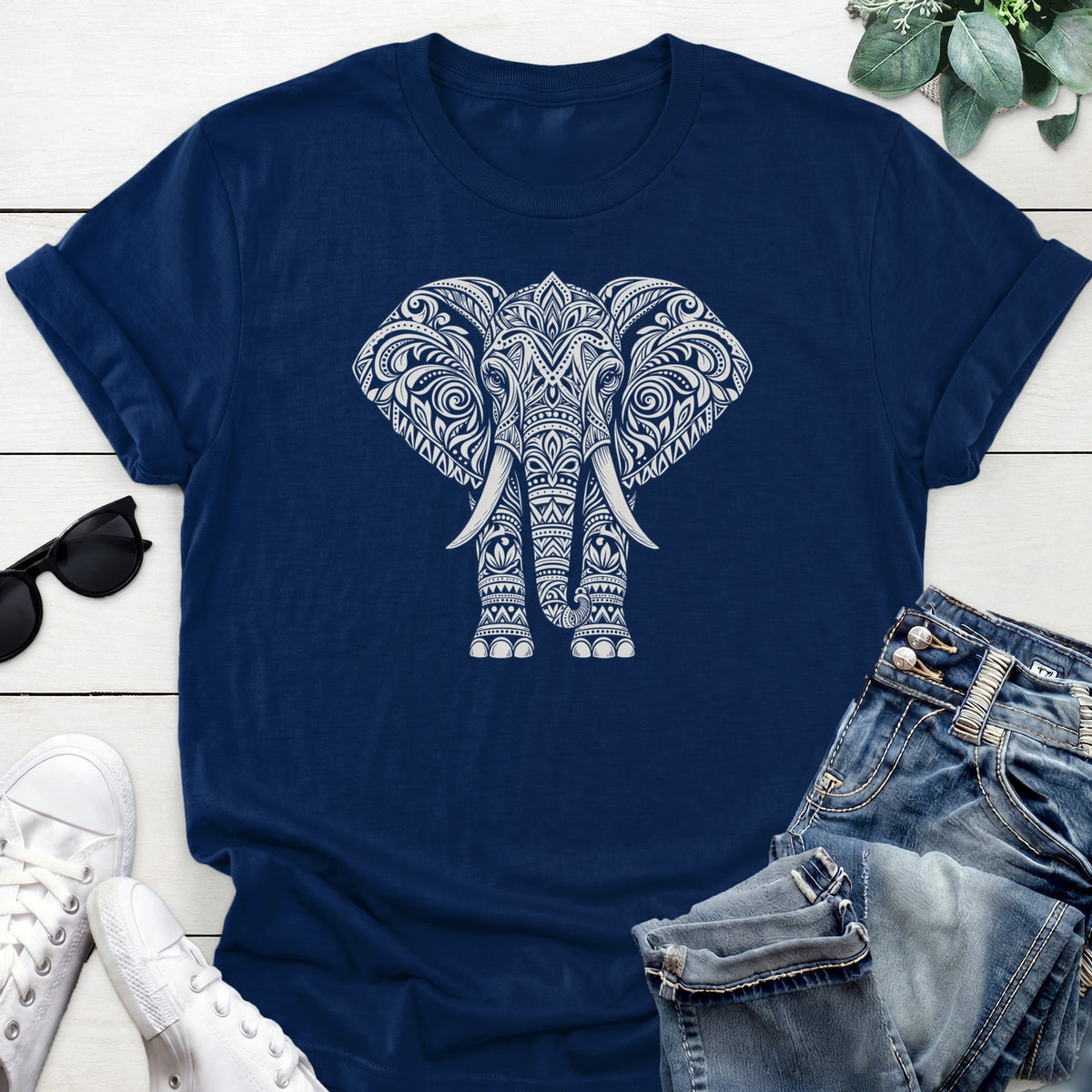 Mandala Elephant Tee — Navy