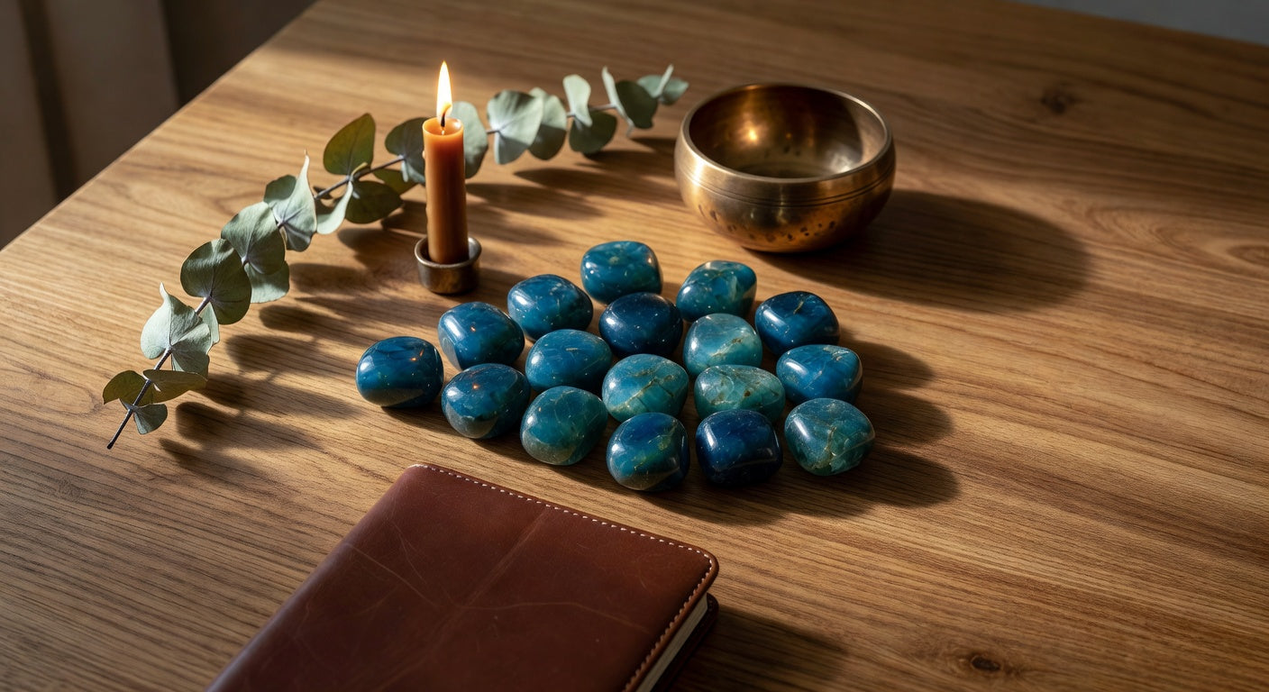 Blue apatite tumbled stones on oak table with eucalyptus, candle, brass bowl, and leather journal