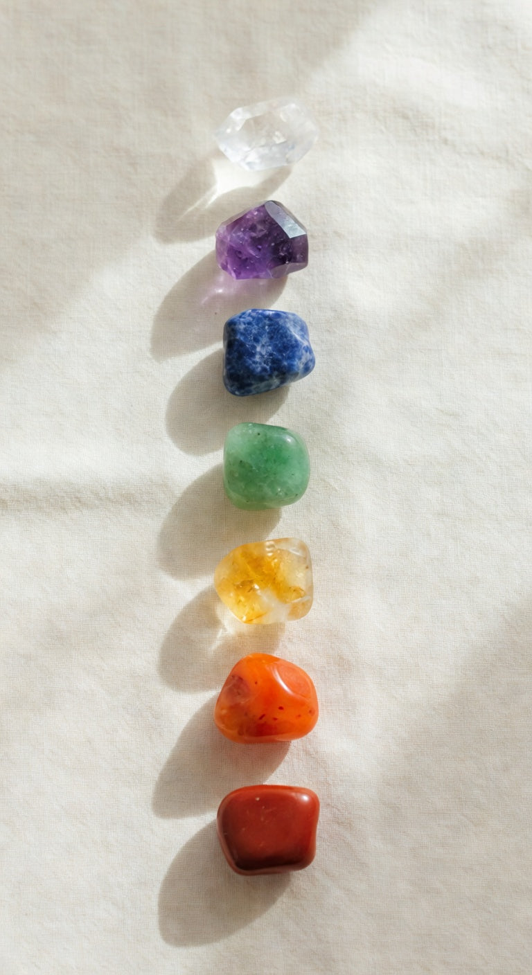 Seven crystal stones arranged on cream linen representing the seven chakras