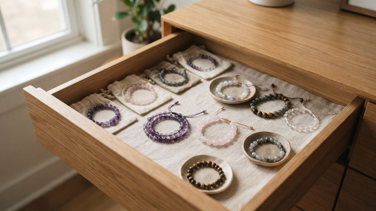 Crystal bead bracelets arranged separately in a linen-lined wooden drawer