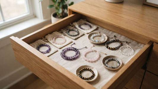 Crystal bead bracelets arranged separately in a linen-lined wooden drawer