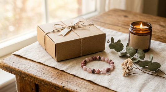 Rose-pink crystal bracelet beside a plain gift box, candle, and eucalyptus on linen
