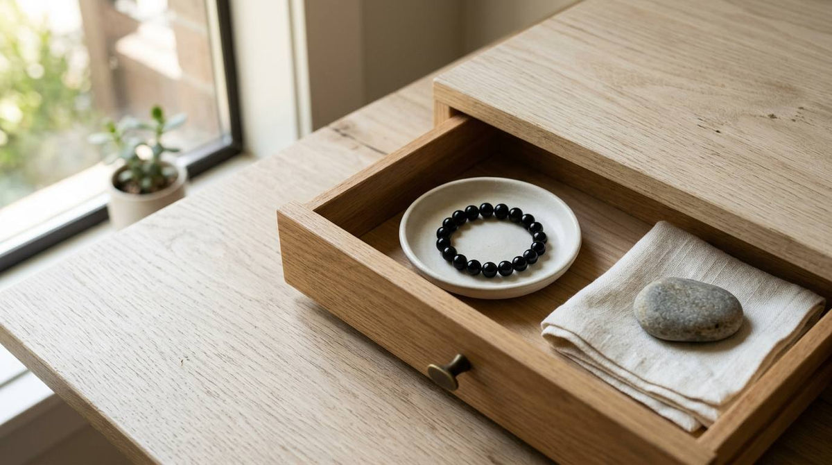 Black crystal bracelet in a ceramic dish inside a wooden desk drawer