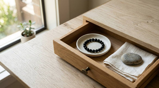 Black crystal bracelet in a ceramic dish inside a wooden desk drawer