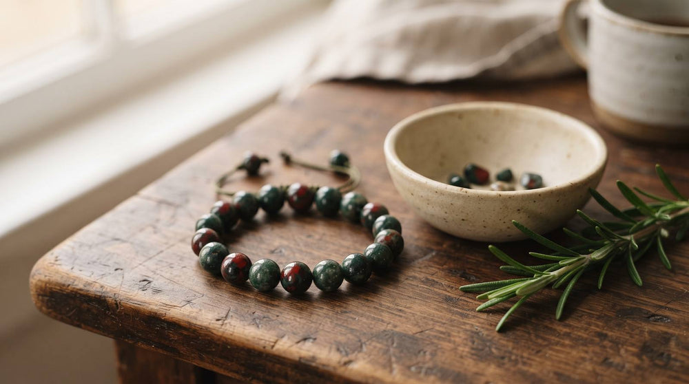 Green and red dragon bloodstone bracelet on a weathered wooden table beside a ceramic bowl and rosemary