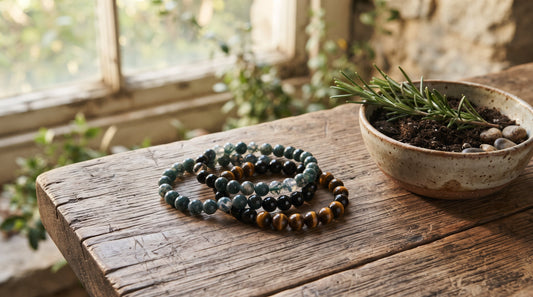 Dark stone bracelets arranged with river pebbles in soft natural light