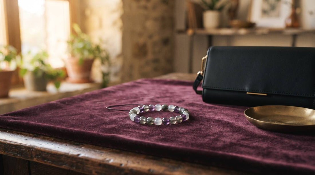 Crystal bead bracelet on plum velvet beside a black evening clutch and brass tray