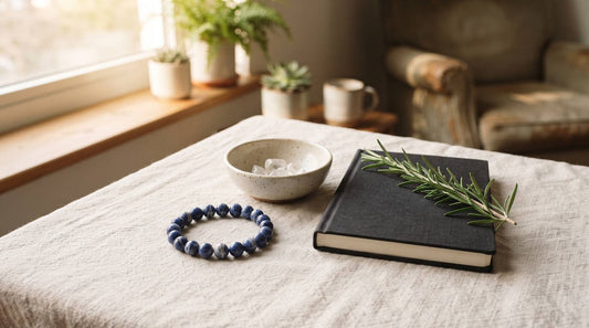 Blue sodalite bracelet beside a bowl, rosemary, and closed notebook on linen in window light