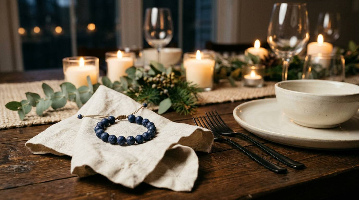 Deep blue stone bead bracelet on linen beside candlelit holiday dinner table settings