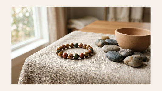 Earth-toned jasper bead bracelet on natural linen beside smooth river stones and a plain ceramic bowl