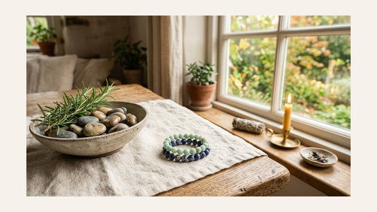 Amazonite and blue stone bracelets on cream linen beside river stones and a candle by a window