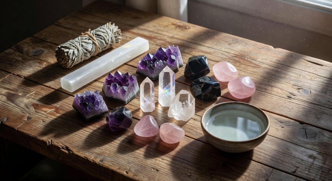 Crystal healing stones arranged with sage, selenite, and salt water for cleansing