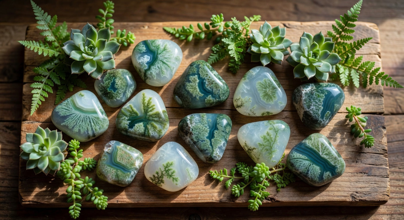 Flat lay of polished moss agate stones with green plants on wooden surface