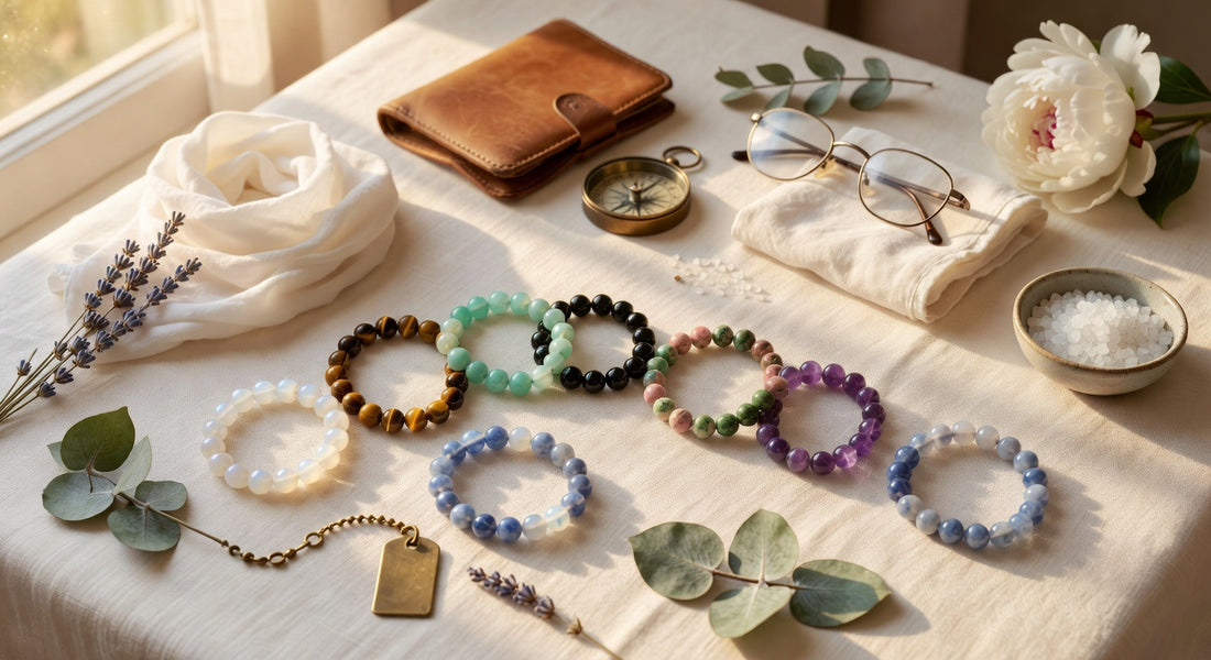 Seven crystal travel bracelets on cream linen with a brass compass, leather passport wallet, and dried lavender