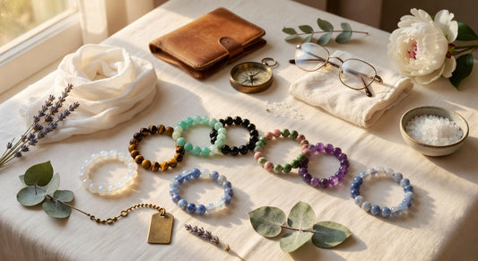 Seven crystal travel bracelets on cream linen with a brass compass, leather passport wallet, and dried lavender
