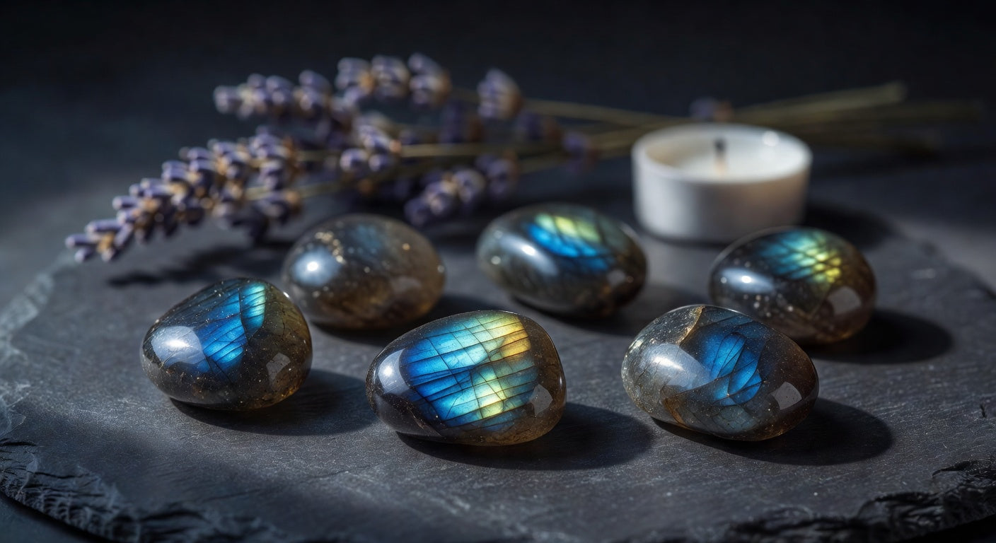 Polished labradorite crystals showing blue-green iridescent flash on dark slate surface with lavender and candle