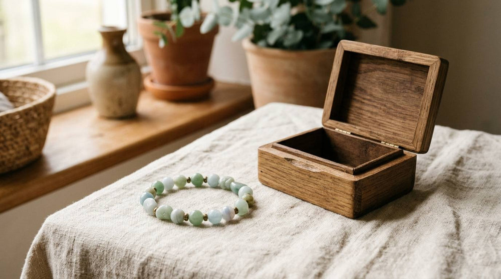 Pale green stone bead bracelet beside an open wooden jewelry box on cream linen