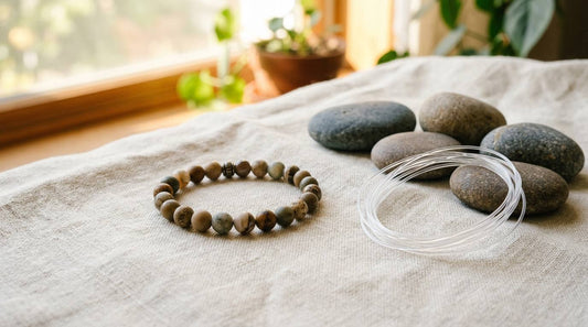 Stone bead bracelet beside elastic cord and smooth river stones on cream linen