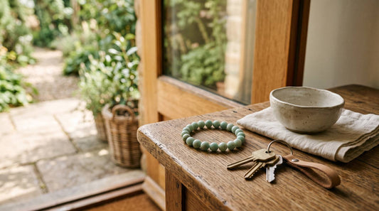 Pale green amazonite bracelet beside keys on a wooden table by an open doorway