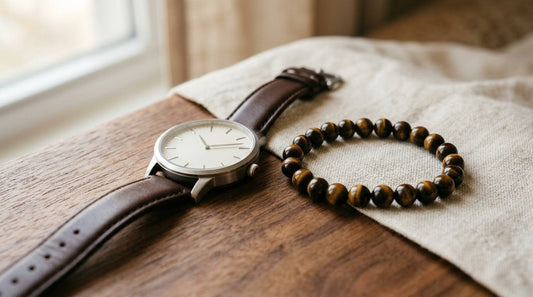 Unbranded leather watch and Tiger's Eye bead bracelet on linen and warm wood