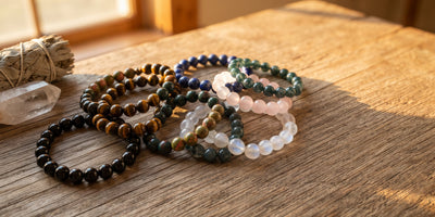 Eight Mind & Stone crystal bead bracelets piled on a weathered oak table in warm late golden light beside a raw quartz point and a sage bundle, including obsidian, tiger's eye, bloodstone, moss agate, unakite, lapis lazuli, rose quartz and moonstone
