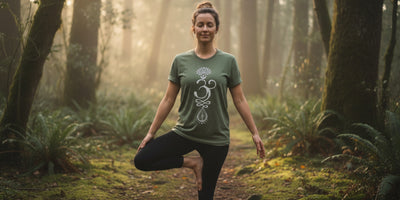 Woman in tree pose on a misty forest trail wearing the Mind & Stone Yoga Tee