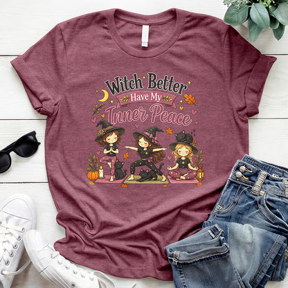 Funny Witch Inner Peace Tee — Heather Maroon