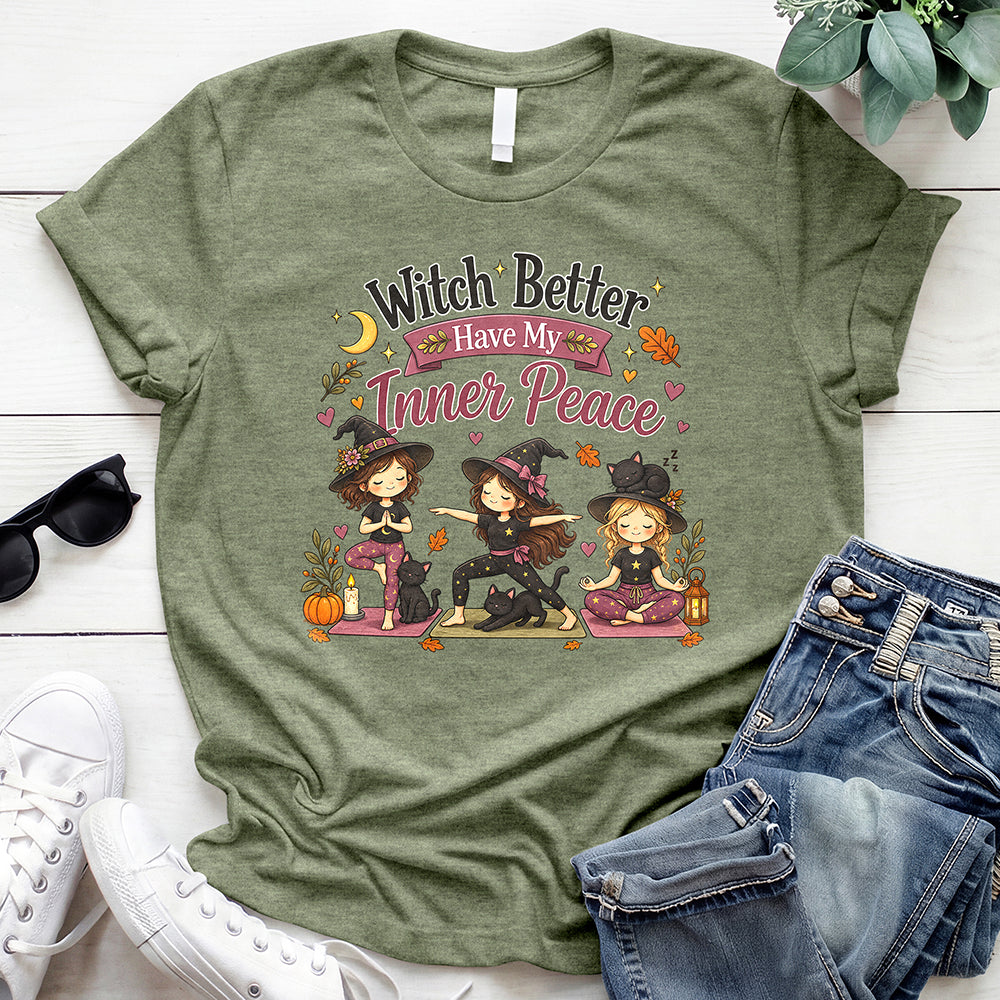 Funny Witch Inner Peace Tee — Heather Military Green