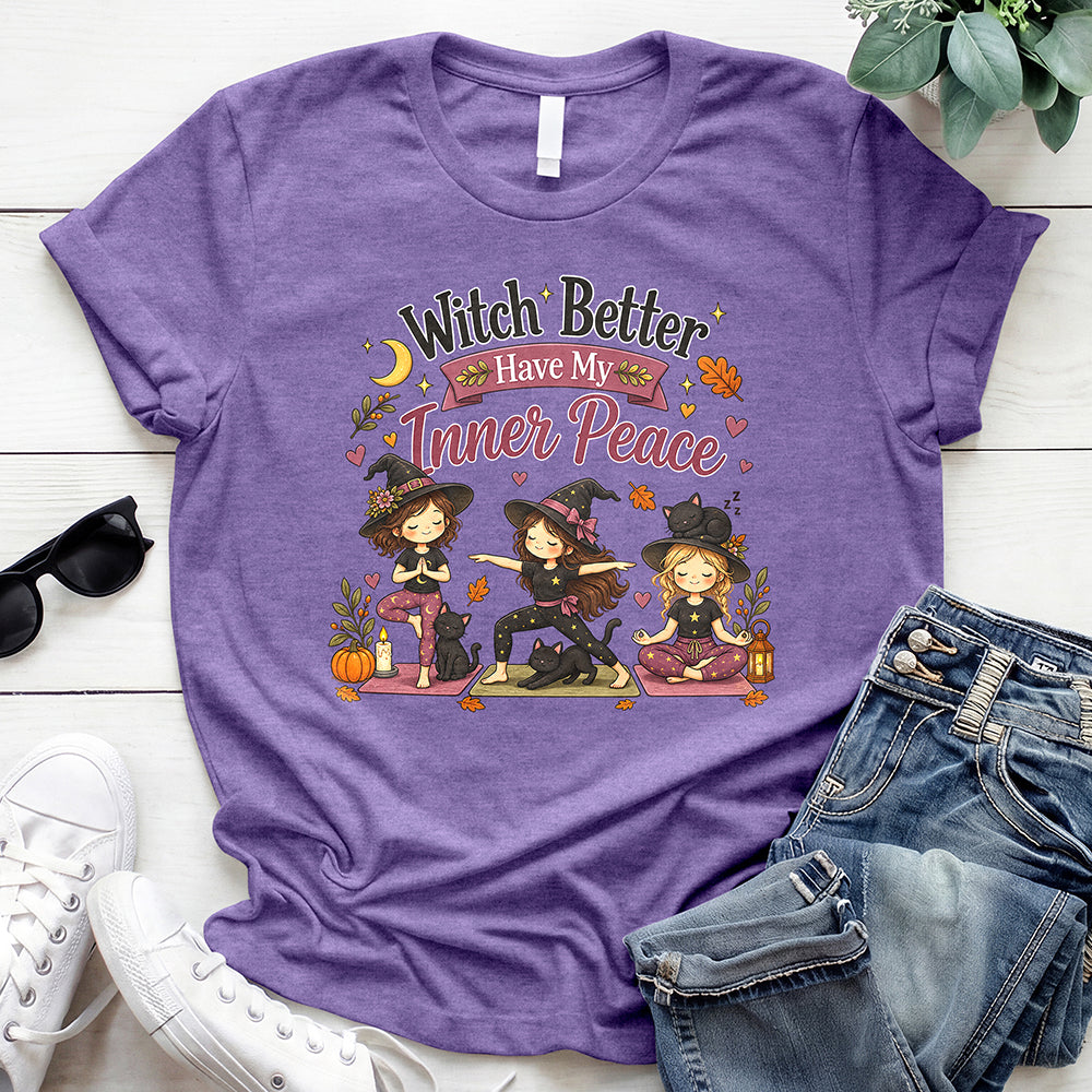 Funny Witch Inner Peace Tee — Heather Purple
