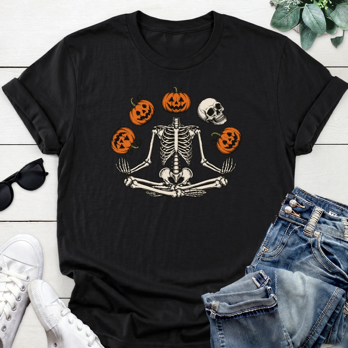 Meditating Pumpkin Skeleton Tee — Black