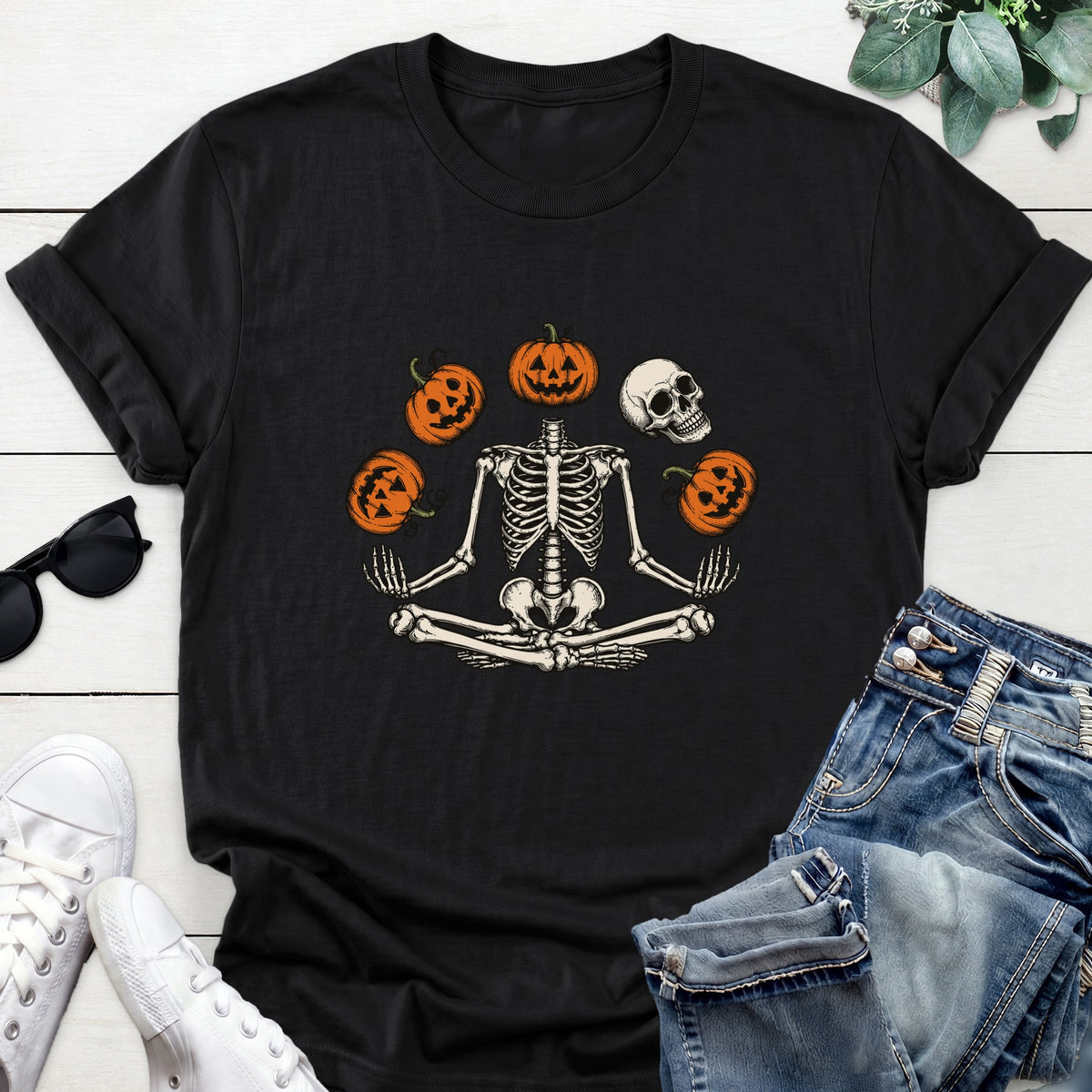 Meditating Pumpkin Skeleton Tee — Black