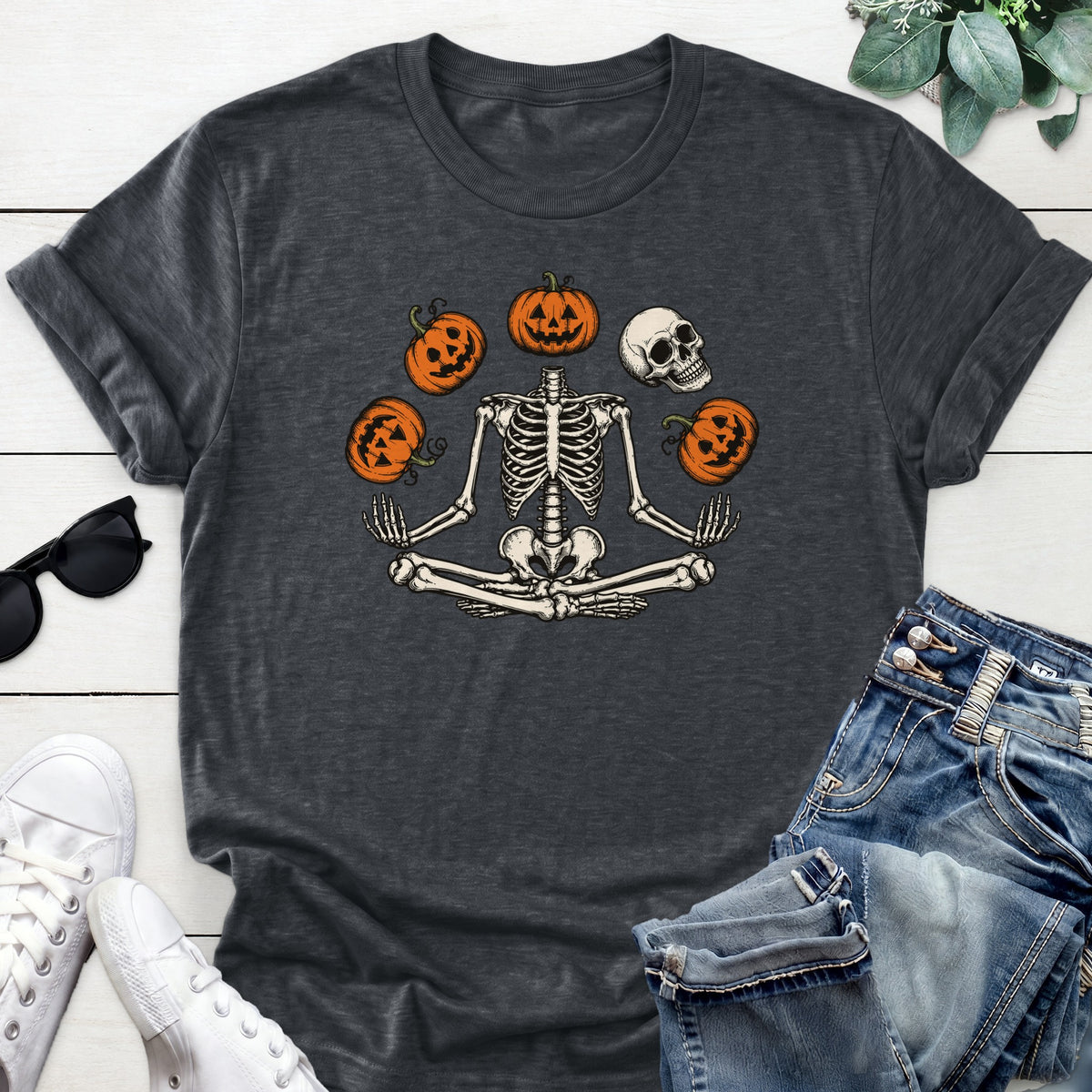 Meditating Pumpkin Skeleton Tee — Dark Heather