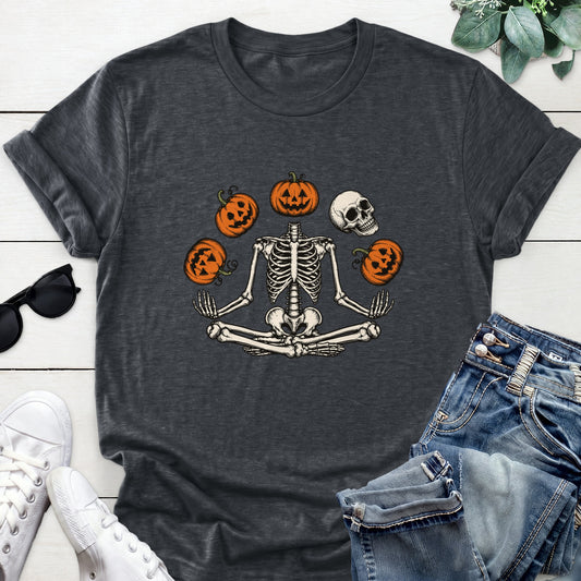 Meditating Pumpkin Skeleton Tee — Dark Heather