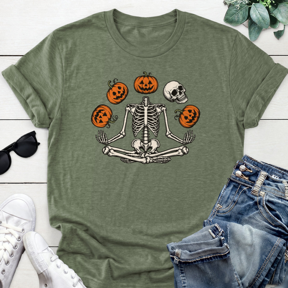 Meditating Pumpkin Skeleton Tee — Heather Military Green