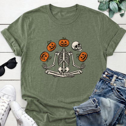 Meditating Pumpkin Skeleton Tee — Heather Military Green