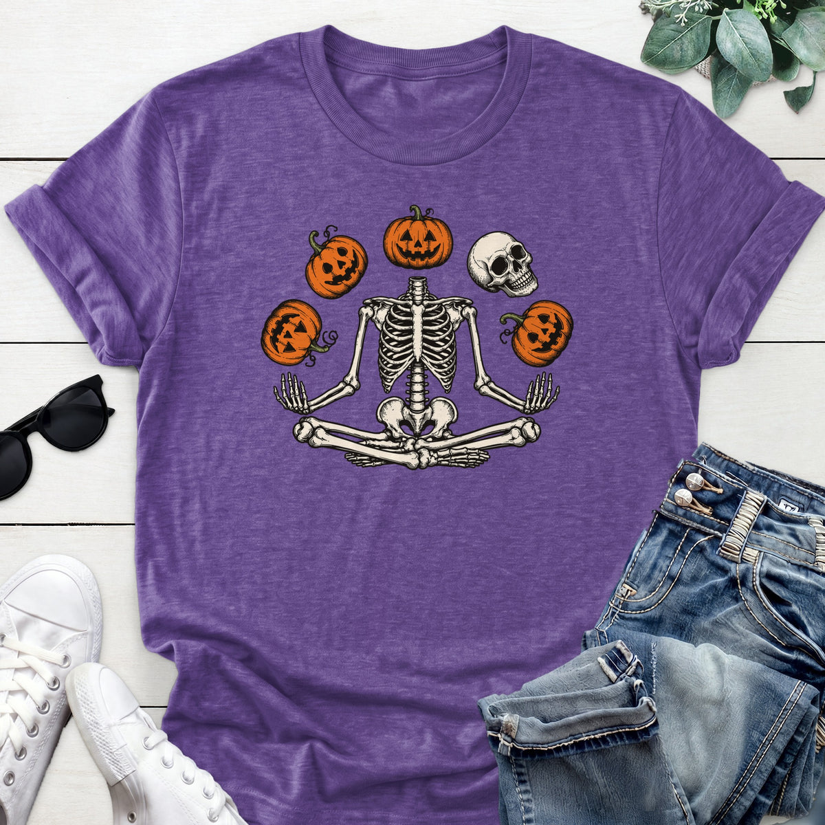Meditating Pumpkin Skeleton Tee — Heather Purple