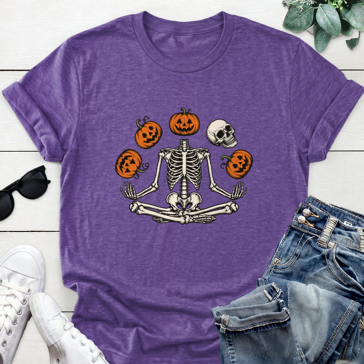 Meditating Pumpkin Skeleton Tee — Heather Purple