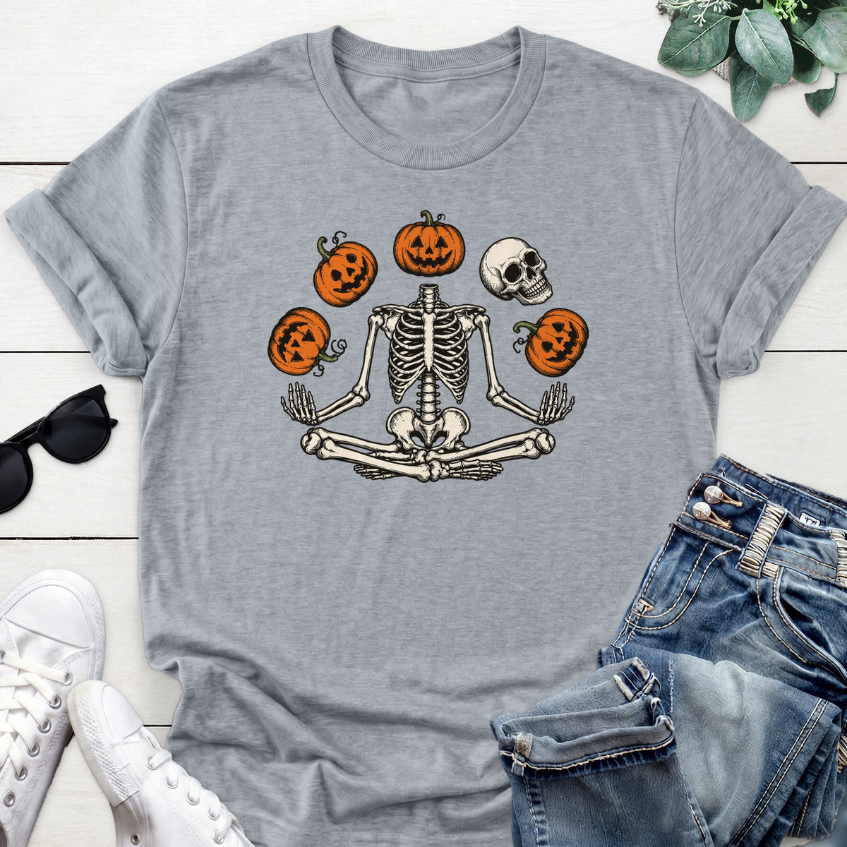 Meditating Pumpkin Skeleton Tee — Sports Gray