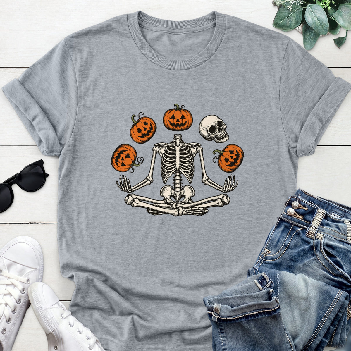 Meditating Pumpkin Skeleton Tee — Sports Gray