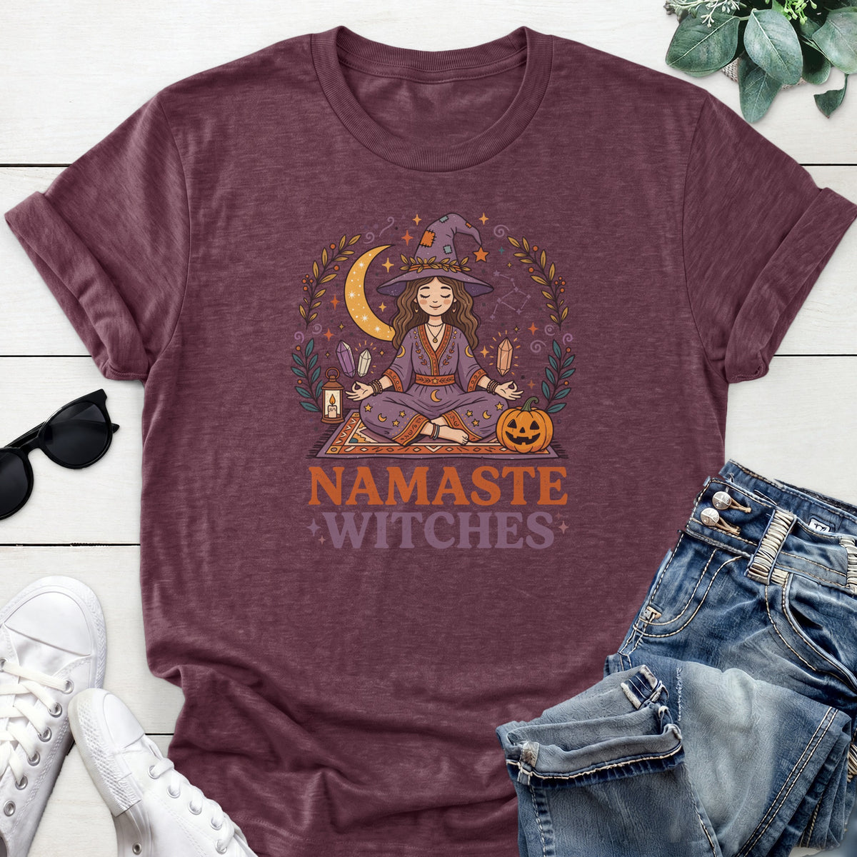 Namaste Pumpkin Witch Tee — Heather Maroon