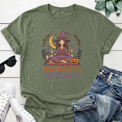 Namaste Pumpkin Witch Tee — Heather Military Green