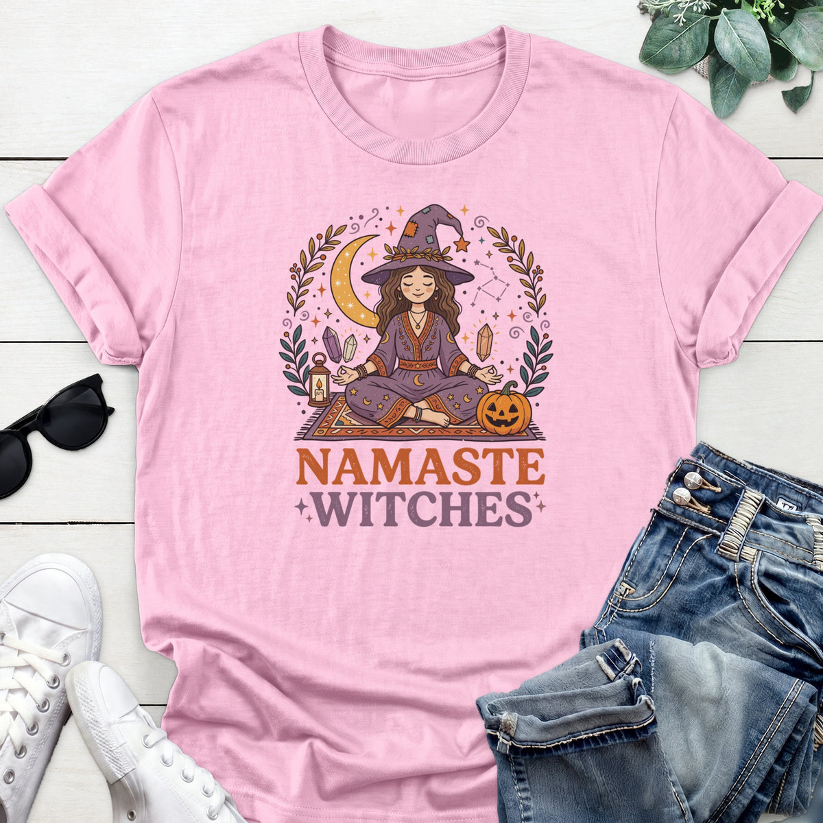 Namaste Pumpkin Witch Tee — Light Pink