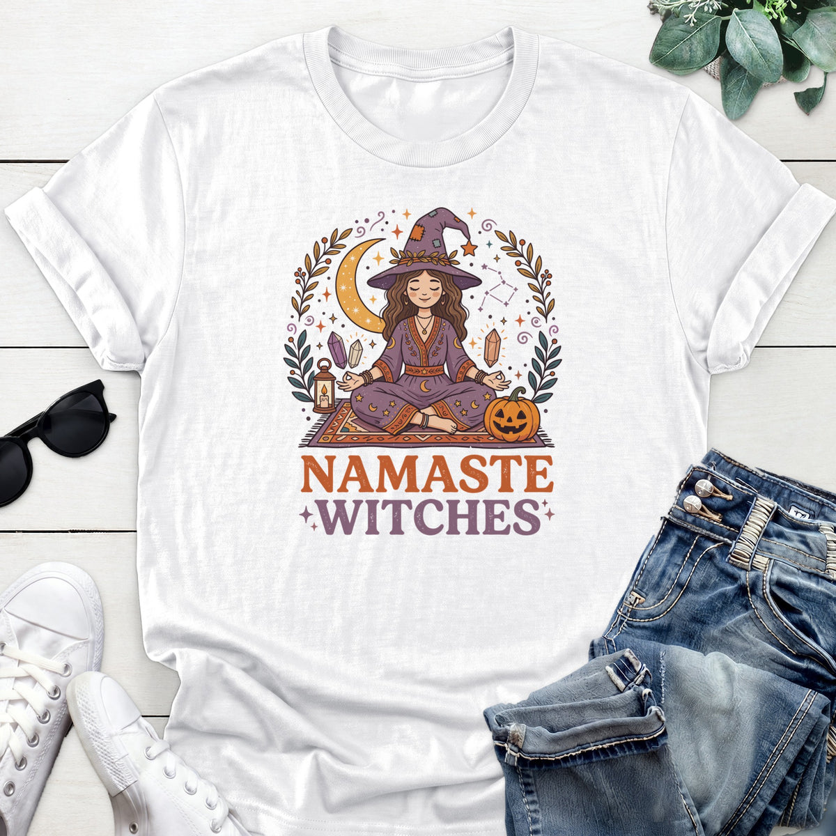Namaste Pumpkin Witch Tee — White