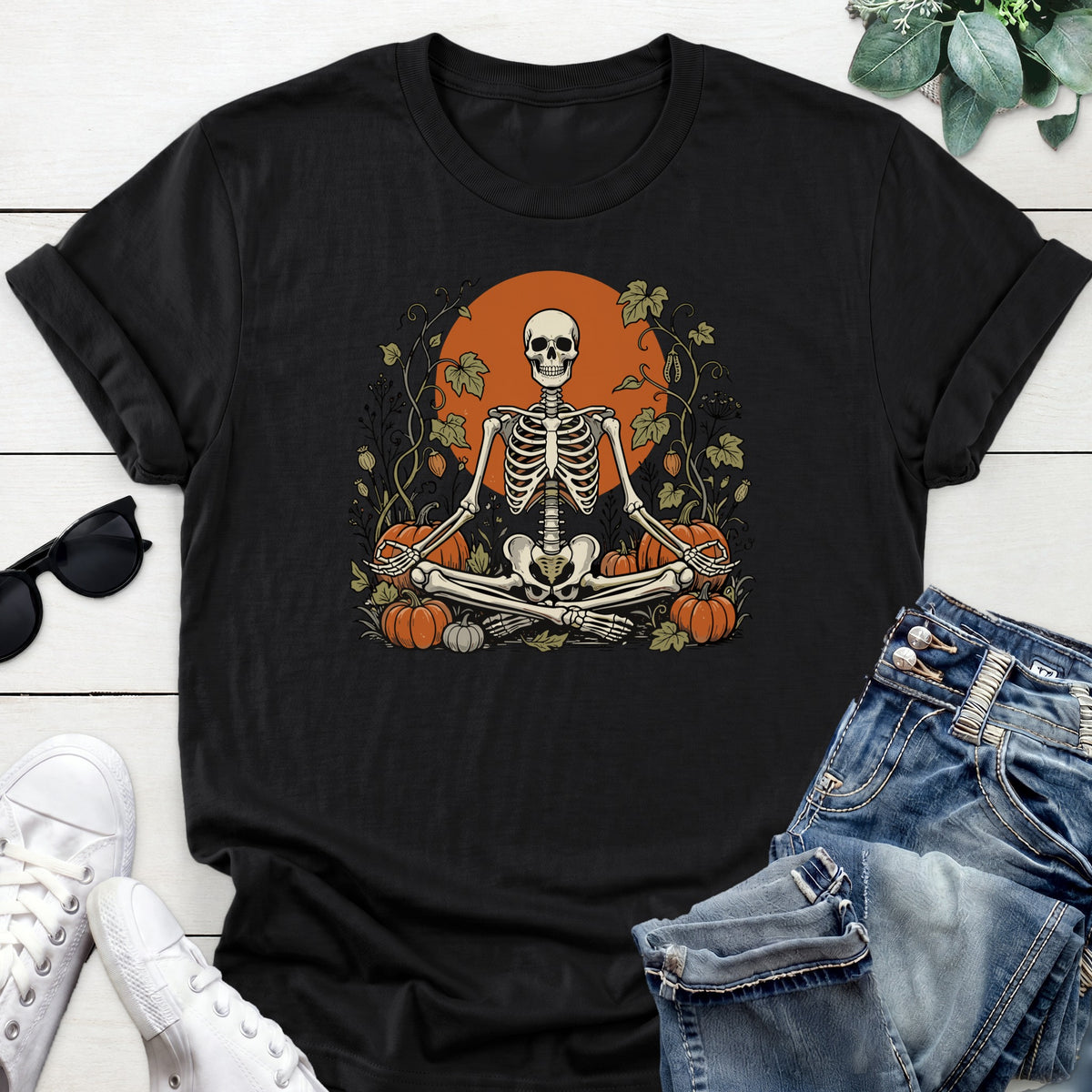 Meditating Skeleton Pumpkin Patch Tee — Black