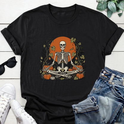 Meditating Skeleton Pumpkin Patch Tee — Black