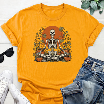 Meditating Skeleton Pumpkin Patch Tee — Gold