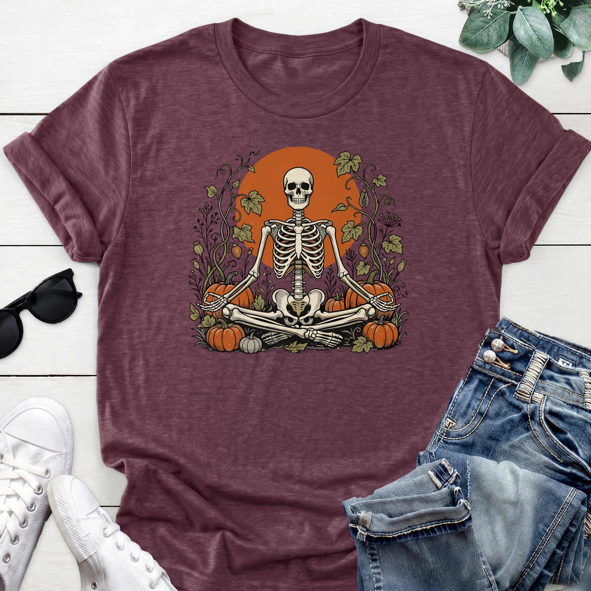 Meditating Skeleton Pumpkin Patch Tee — Heather Maroon