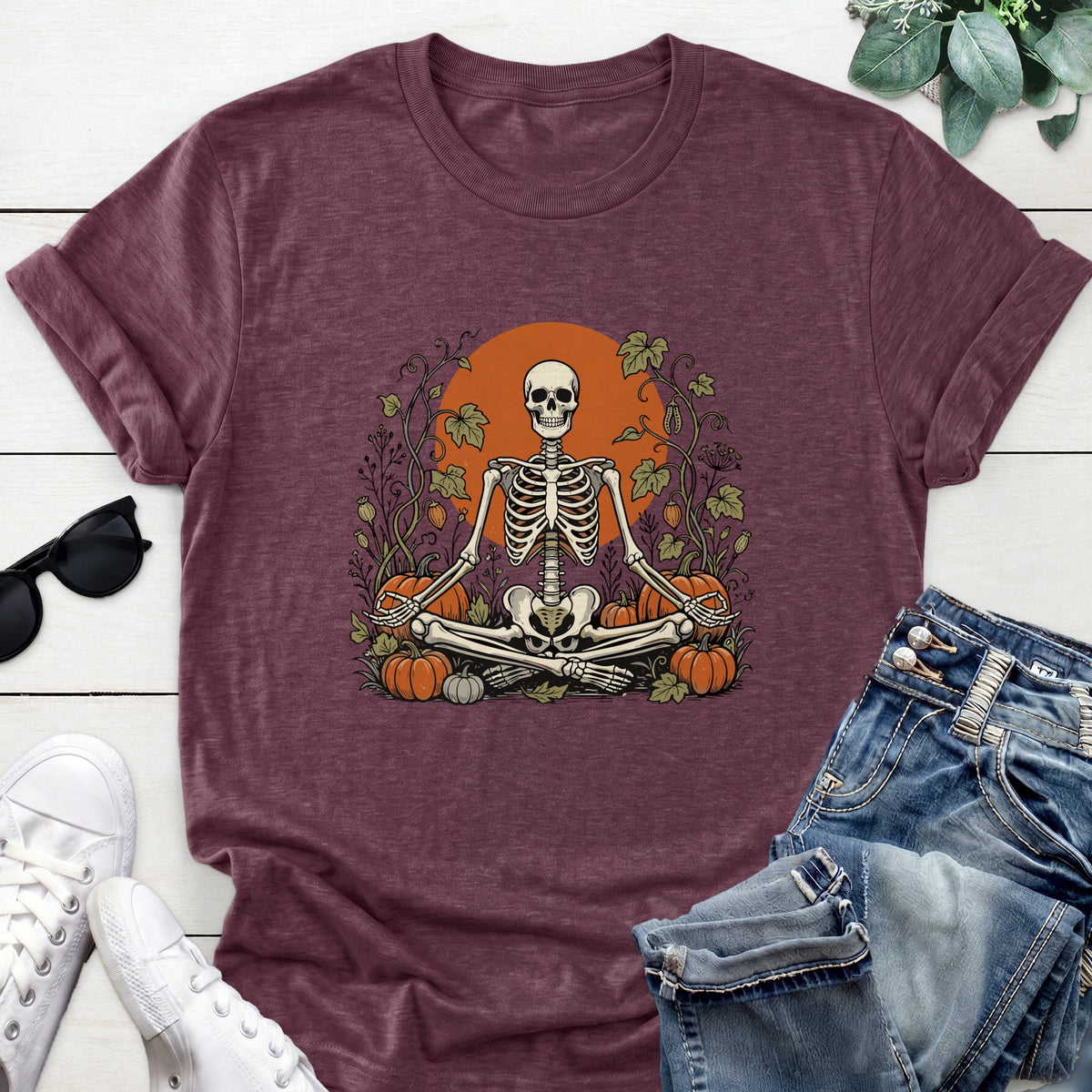 Meditating Skeleton Pumpkin Patch Tee — Heather Maroon